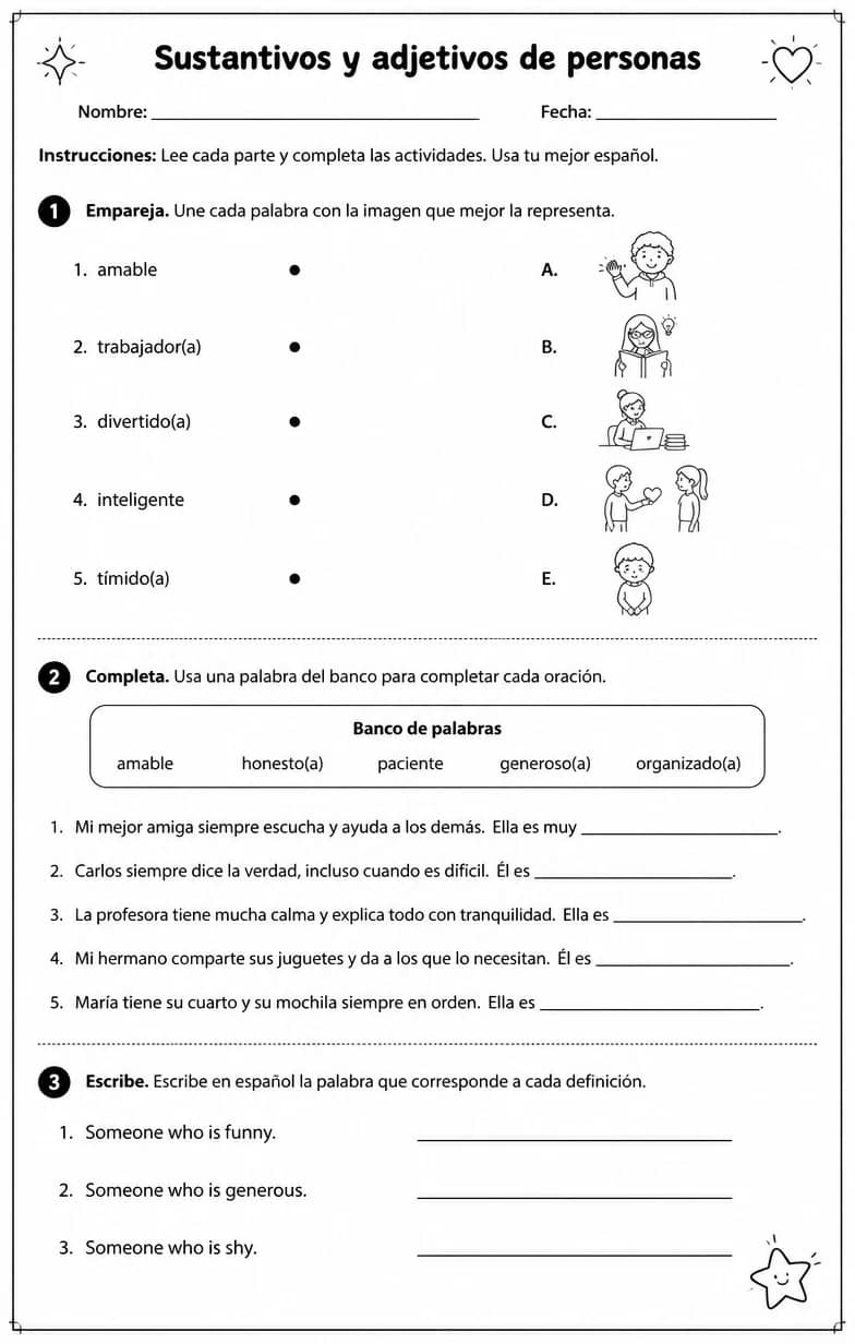 Reconocer palabras, frases o oraciones en español relacionadas con adjetivos de personalidad. — free printable Middle School Spanish worksheet