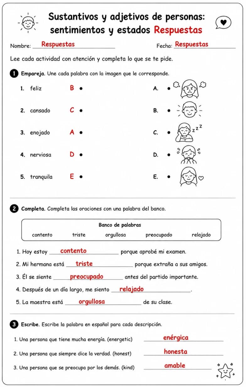 Answer key for Reconocer palabras, frases o oraciones en español relacionadas con sentimientos y estados. — free printable Spanish worksheet