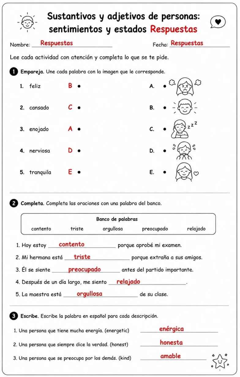 Answer key for Reconocer palabras, frases o oraciones en español relacionadas con sentimientos y estados. — free printable Spanish worksheet