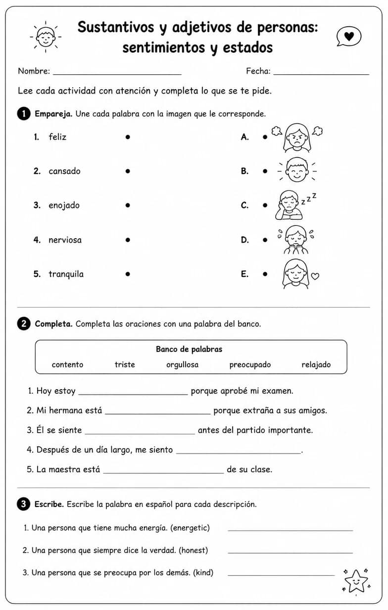 Reconocer palabras, frases o oraciones en español relacionadas con sentimientos y estados. — free printable Middle School Spanish worksheet