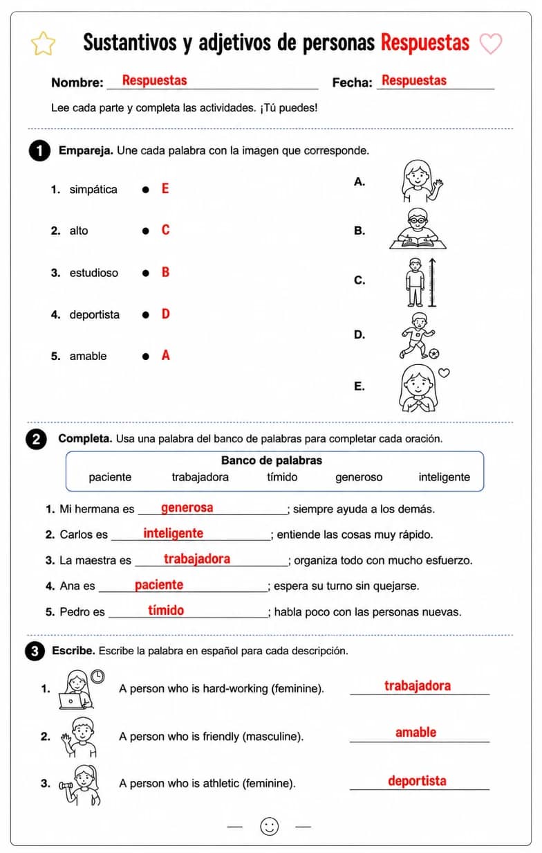 Answer key for Reconocer palabras, frases o oraciones en español relacionadas con describir personas. — free printable Spanish worksheet