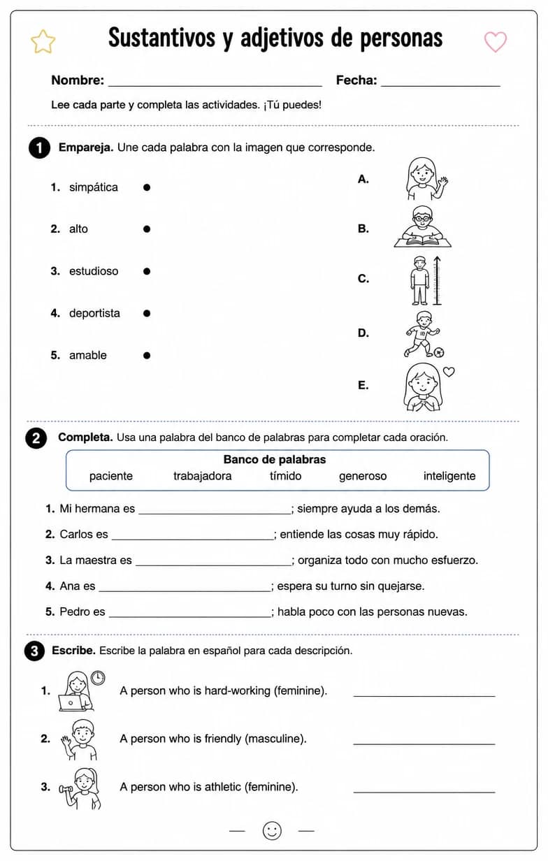 Reconocer palabras, frases o oraciones en español relacionadas con describir personas. — free printable Middle School Spanish worksheet