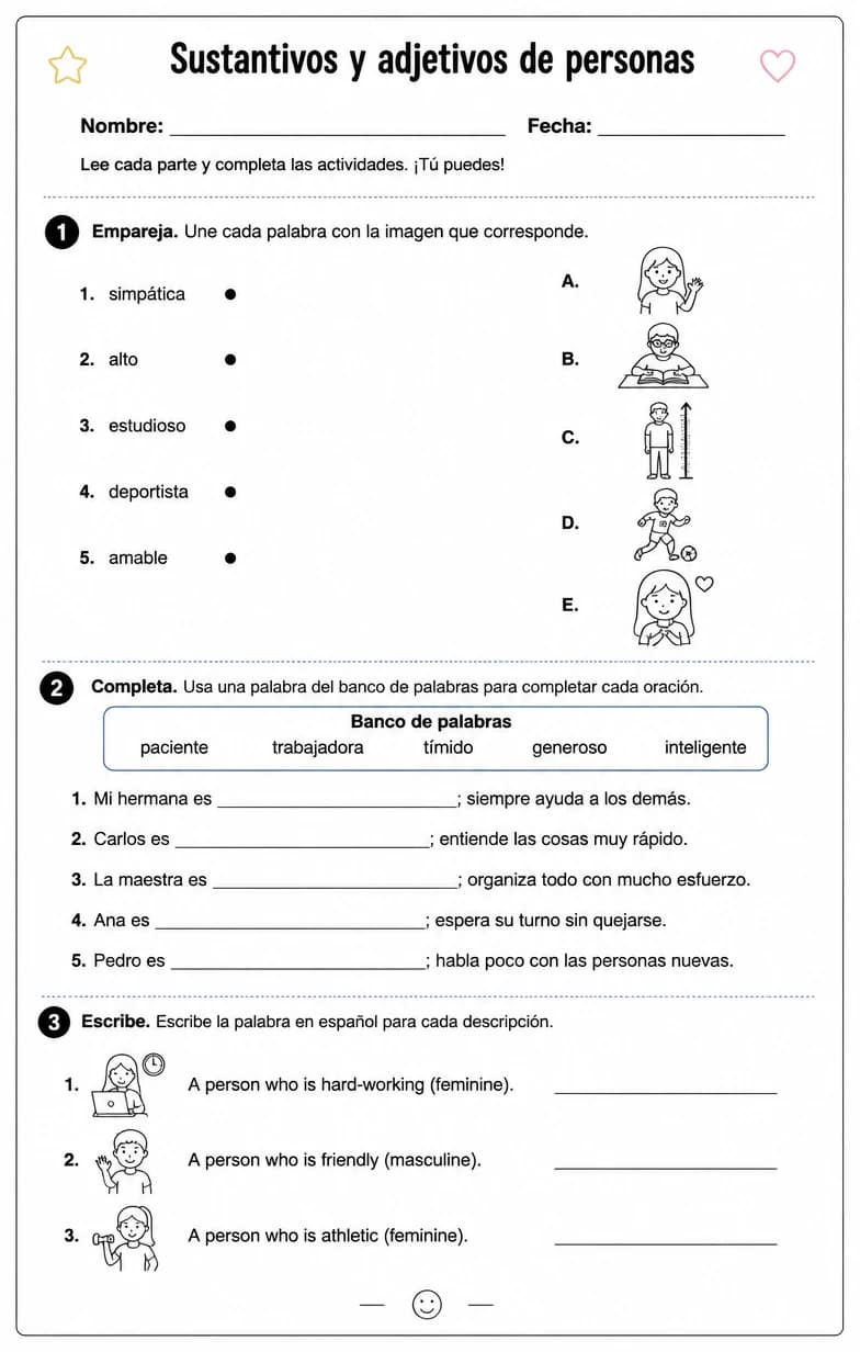 Reconocer palabras, frases o oraciones en español relacionadas con describir personas.