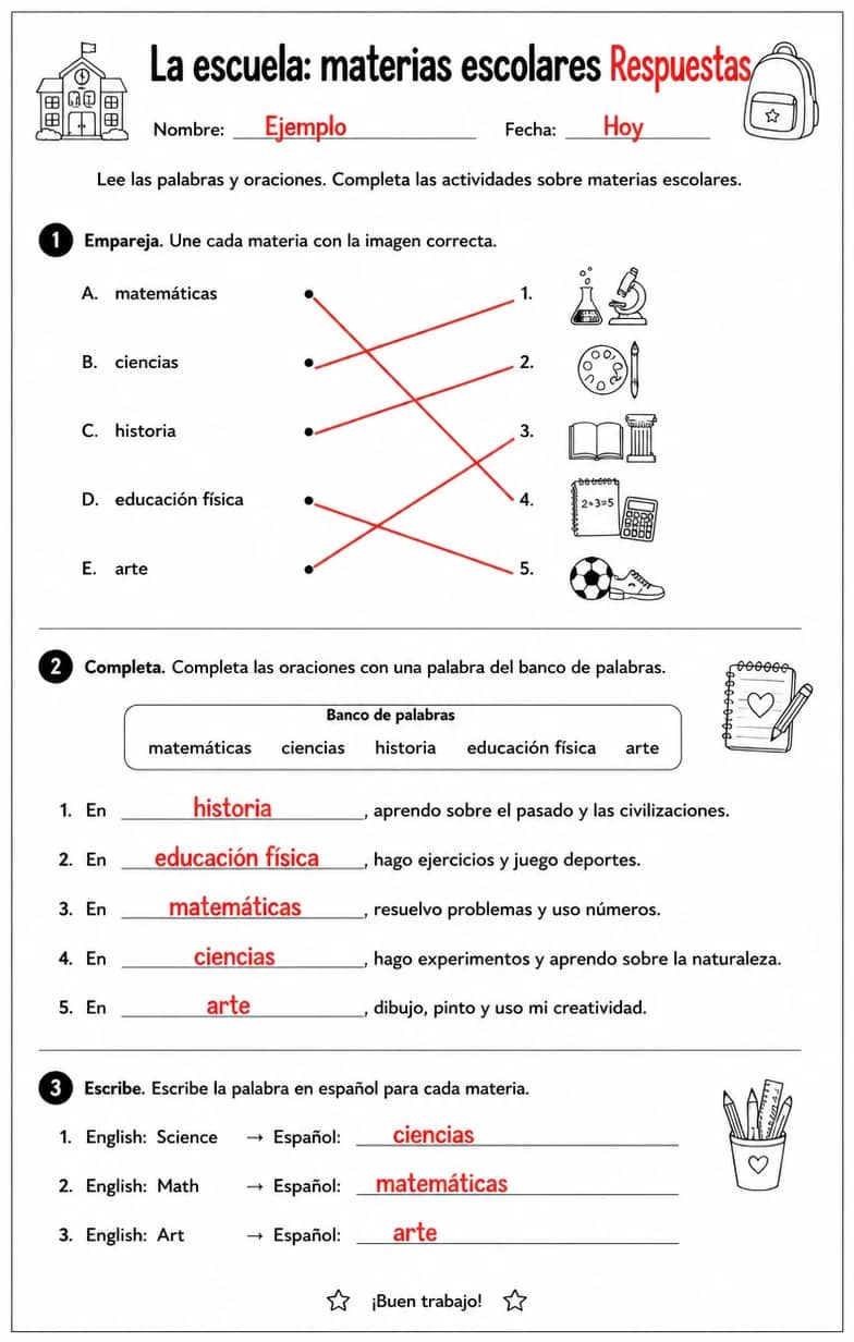 Answer key for Reconocer palabras, frases o oraciones en español relacionadas con materias escolares. — free printable Spanish worksheet