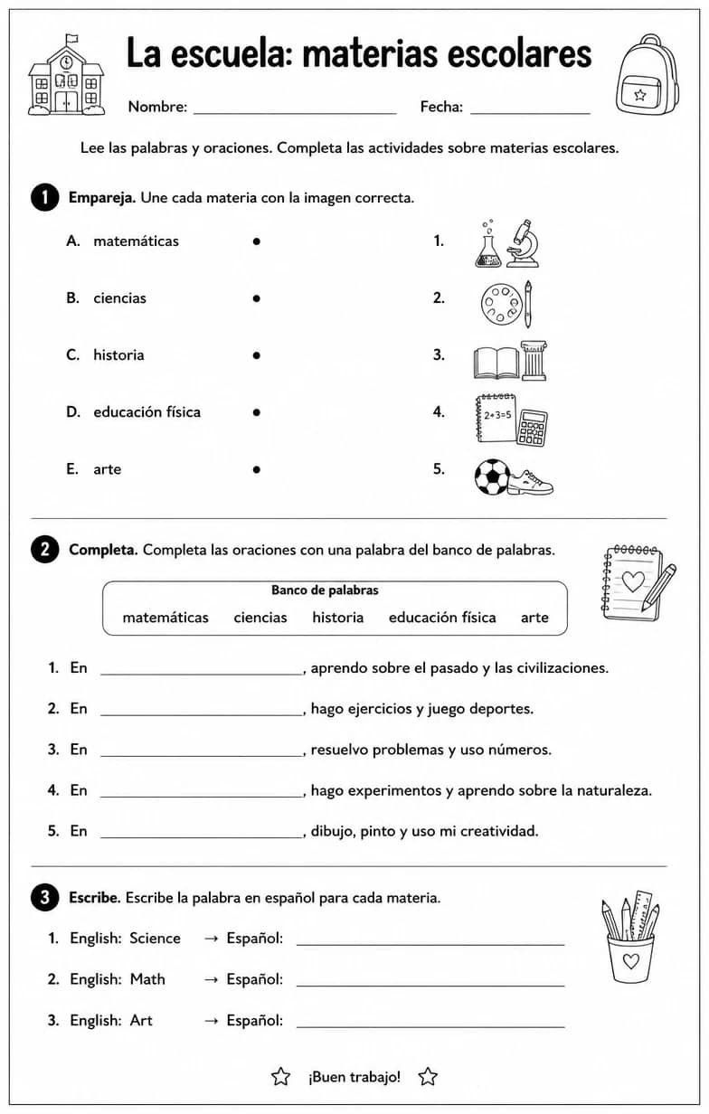 Reconocer palabras, frases o oraciones en español relacionadas con materias escolares. — free printable Middle School Spanish worksheet