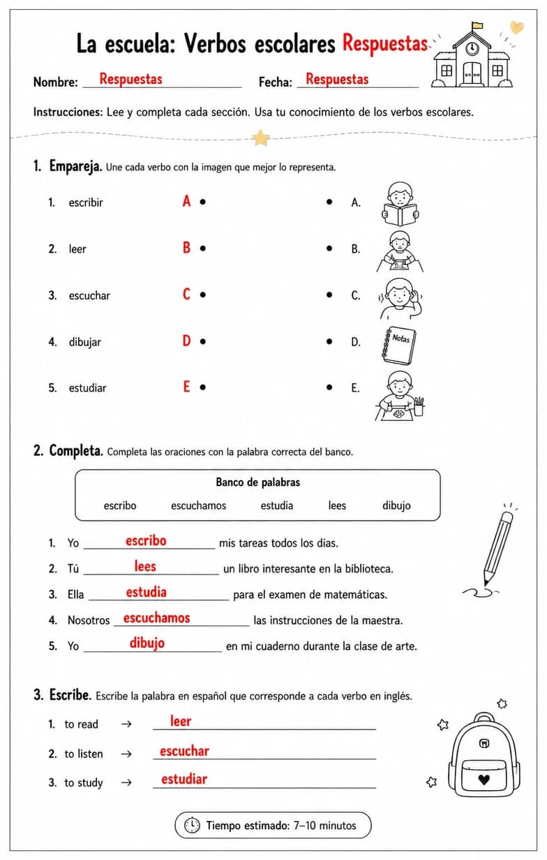 Answer key for Reconocer palabras, frases o oraciones en español relacionadas con verbos escolares. — free printable Spanish worksheet