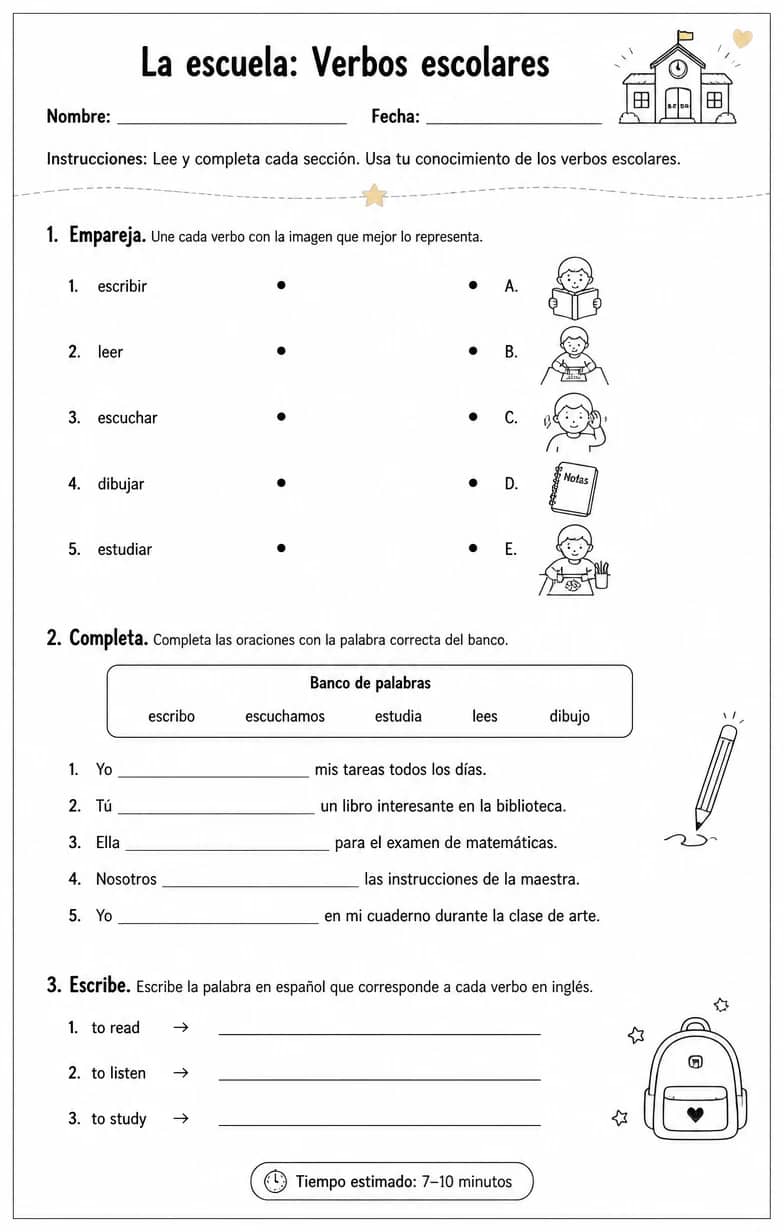 Reconocer palabras, frases o oraciones en español relacionadas con verbos escolares. — free printable Middle School Spanish worksheet