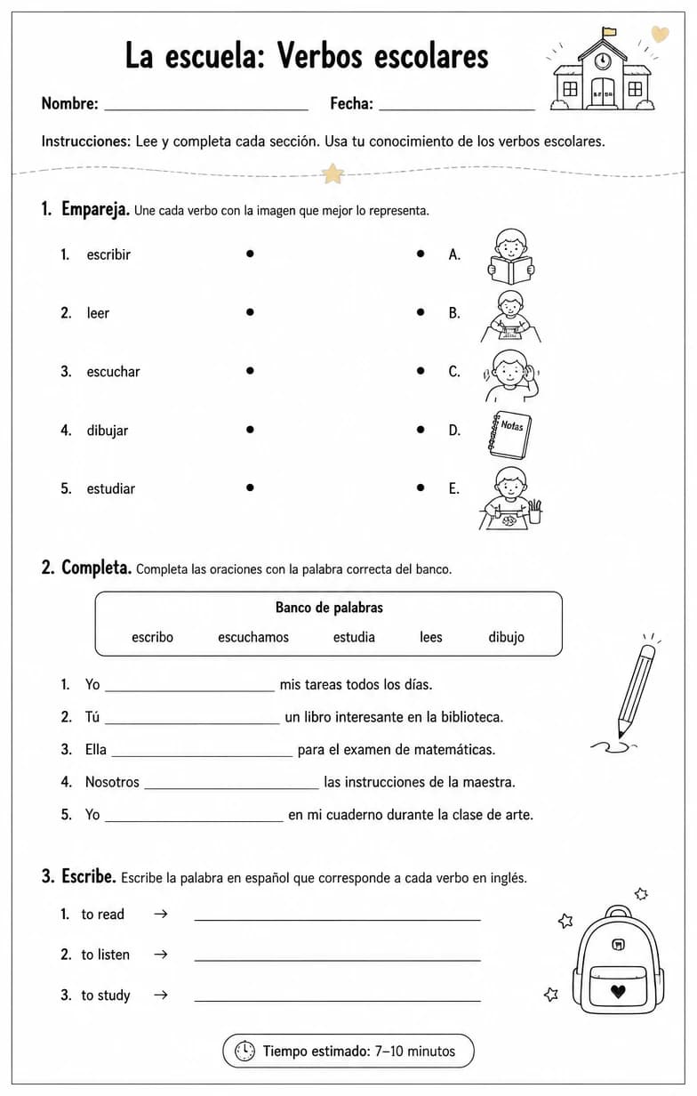 Reconocer palabras, frases o oraciones en español relacionadas con verbos escolares.