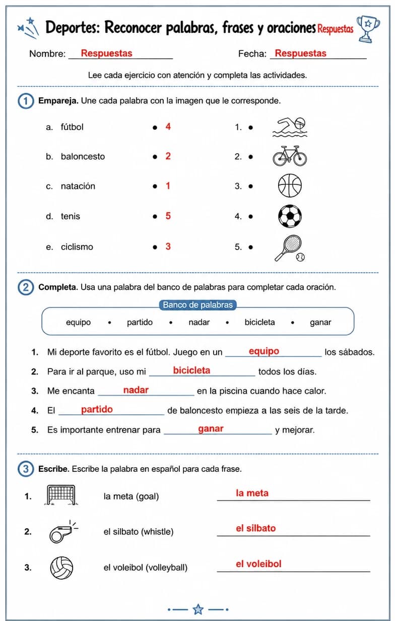 Answer key for Reconocer palabras, frases o oraciones en español relacionadas con deportes. — free printable Spanish worksheet
