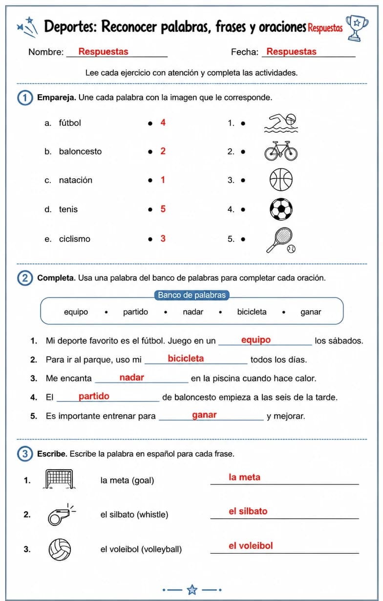 Answer key for Reconocer palabras, frases o oraciones en español relacionadas con deportes. — free printable Spanish worksheet