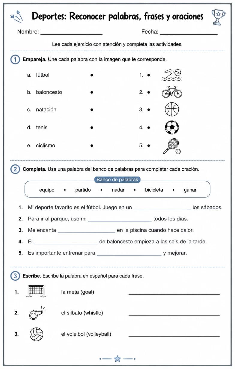 Reconocer palabras, frases o oraciones en español relacionadas con deportes. — free printable Middle School Spanish worksheet