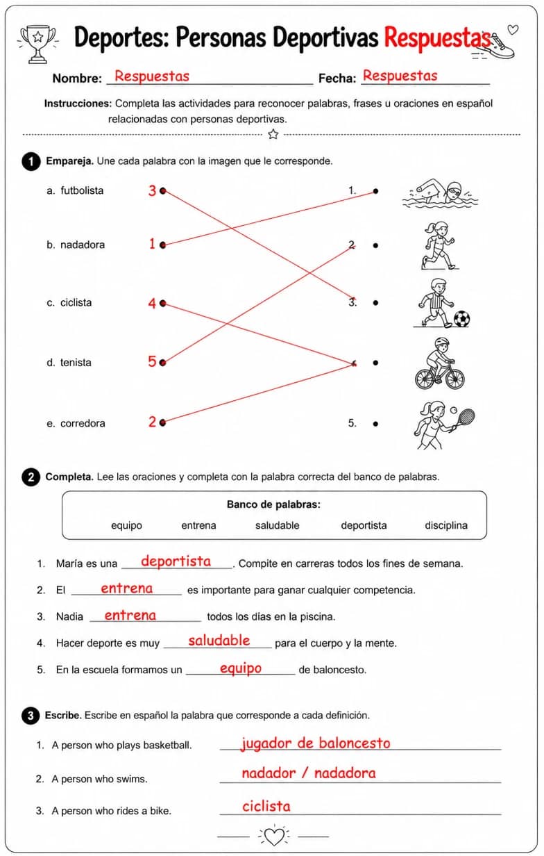 Answer key for Reconocer palabras, frases o oraciones en español relacionadas con personas deportivas. — free printable Spanish worksheet
