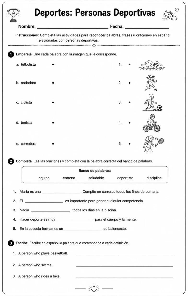 Reconocer palabras, frases o oraciones en español relacionadas con personas deportivas. — free printable Middle School Spanish worksheet