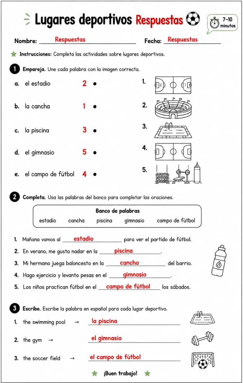 Answer key for Reconocer palabras, frases o oraciones en español relacionadas con lugares deportivos. — free printable Spanish worksheet