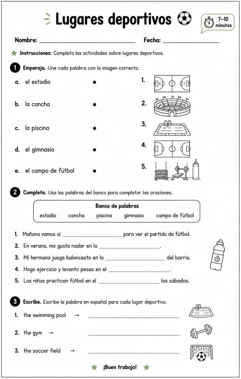Reconocer palabras, frases o oraciones en español relacionadas con lugares deportivos. — free printable Middle School Spanish worksheet