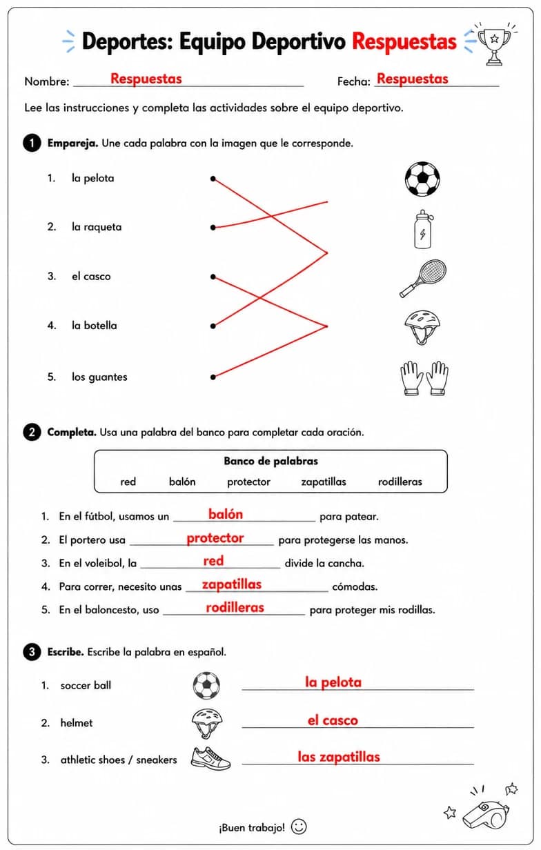 Answer key for Reconocer palabras, frases o oraciones en español relacionadas con el equipo deportivo. — free printable Spanish worksheet