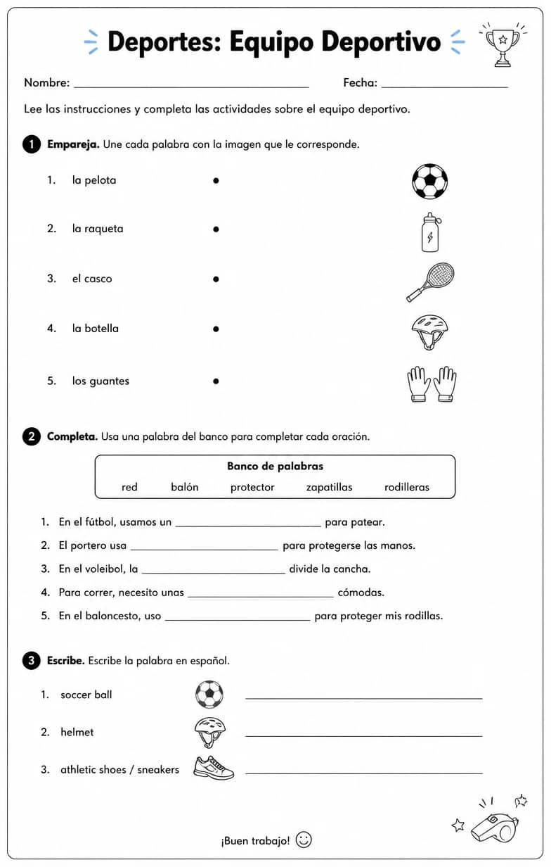 Reconocer palabras, frases o oraciones en español relacionadas con el equipo deportivo. — free printable Middle School Spanish worksheet