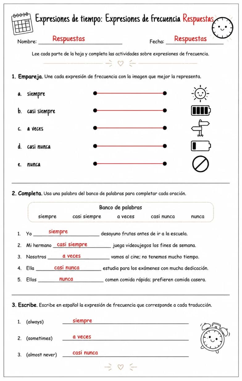 Answer key for Reconocer palabras, frases o oraciones en español relacionadas con expresiones de frecuencia. — free printable Spanish worksheet