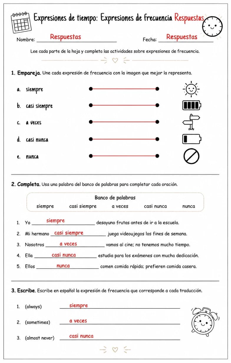 Answer key for Reconocer palabras, frases o oraciones en español relacionadas con expresiones de frecuencia. — free printable Spanish worksheet