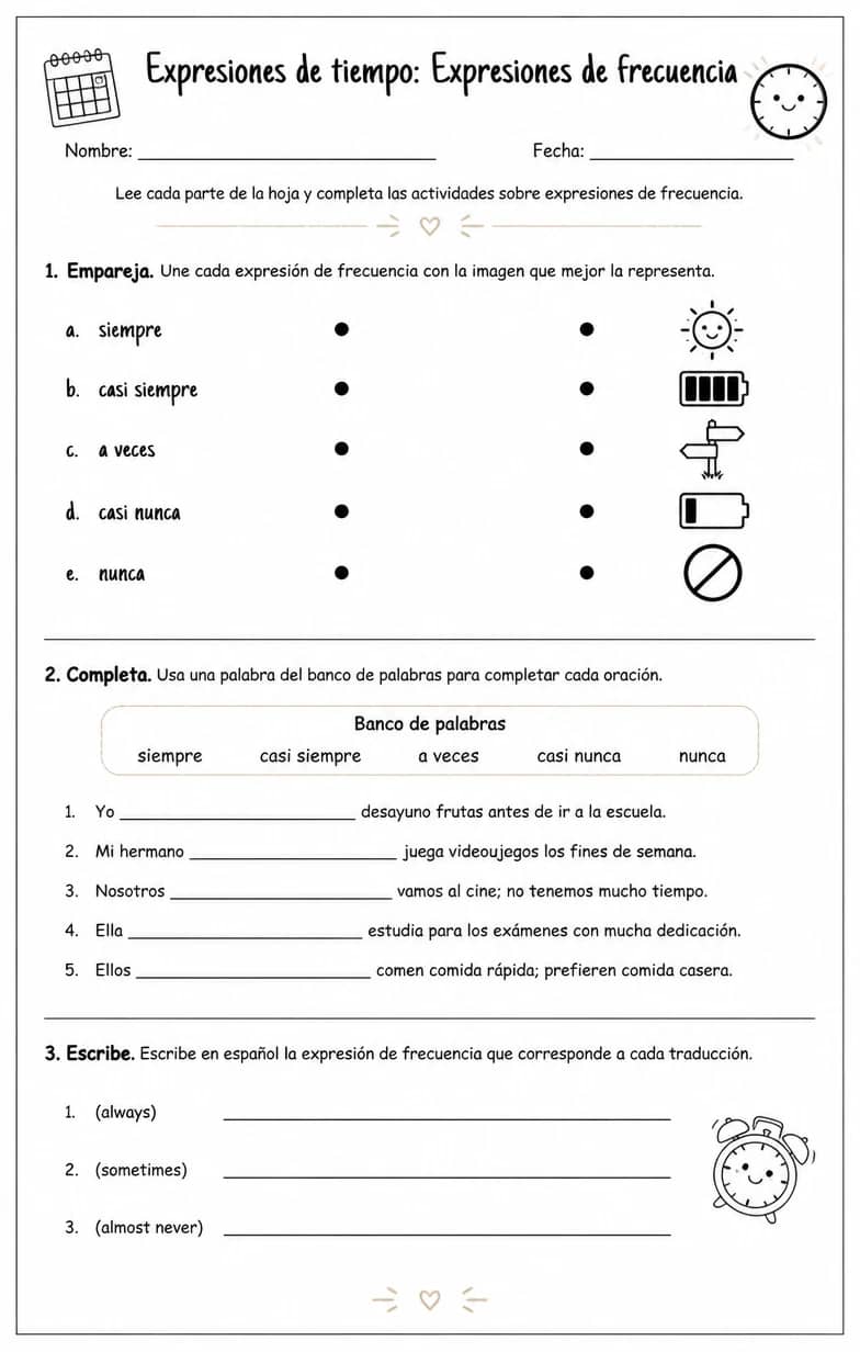 Reconocer palabras, frases o oraciones en español relacionadas con expresiones de frecuencia. — free printable Middle School Spanish worksheet