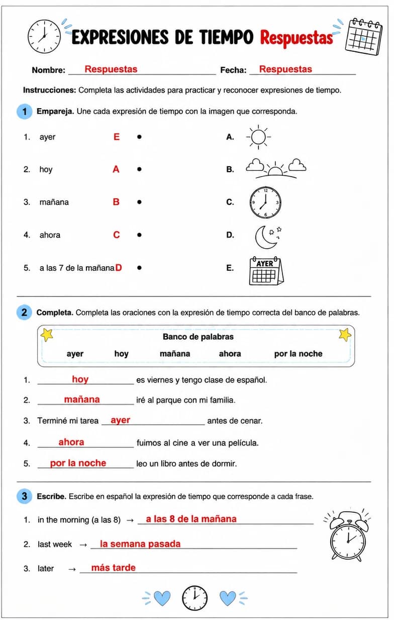 Answer key for Reconocer palabras, frases o oraciones en español relacionadas con expresiones de tiempo. — free printable Spanish worksheet