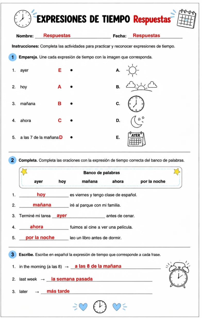 Answer key for Reconocer palabras, frases o oraciones en español relacionadas con expresiones de tiempo. — free printable Spanish worksheet