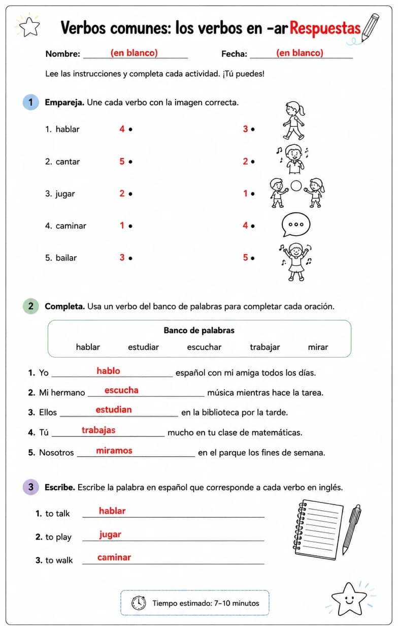 Answer key for Reconocer palabras, frases o oraciones en español relacionadas con verbos regulares -ar. — free printable Spanish worksheet