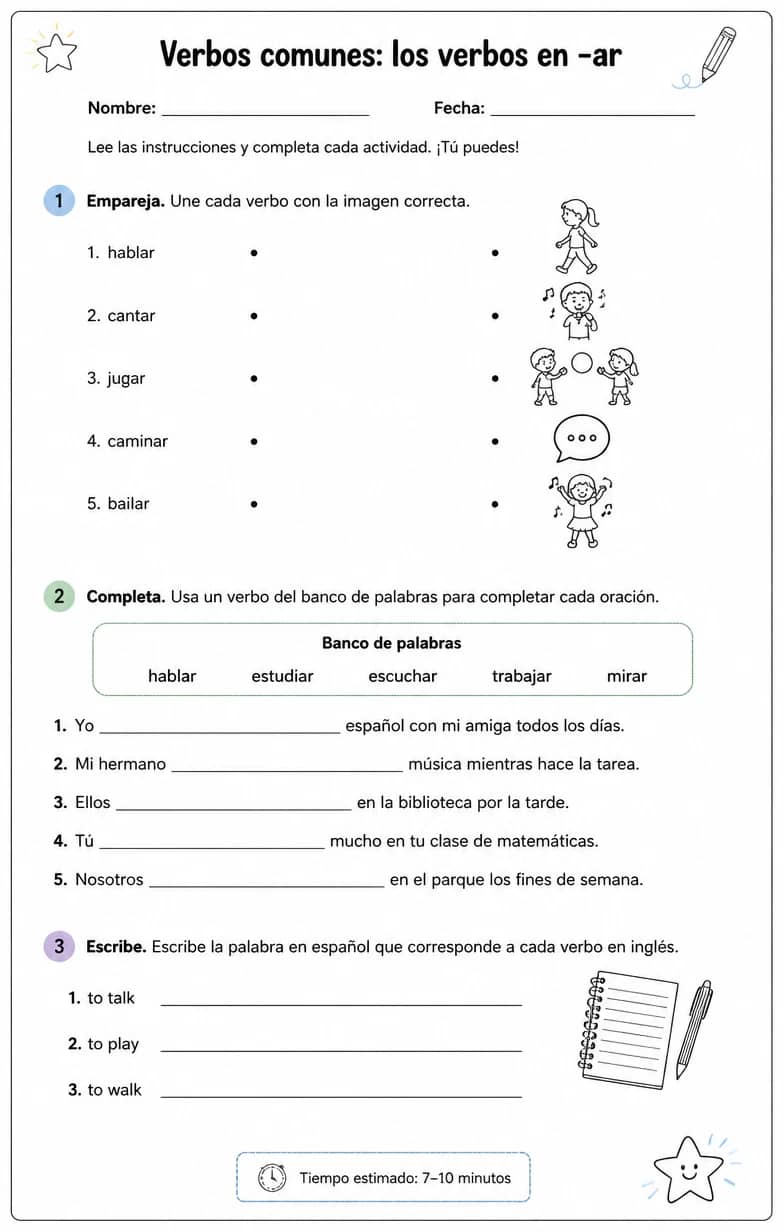 Reconocer palabras, frases o oraciones en español relacionadas con verbos regulares -ar. — free printable Middle School Spanish worksheet