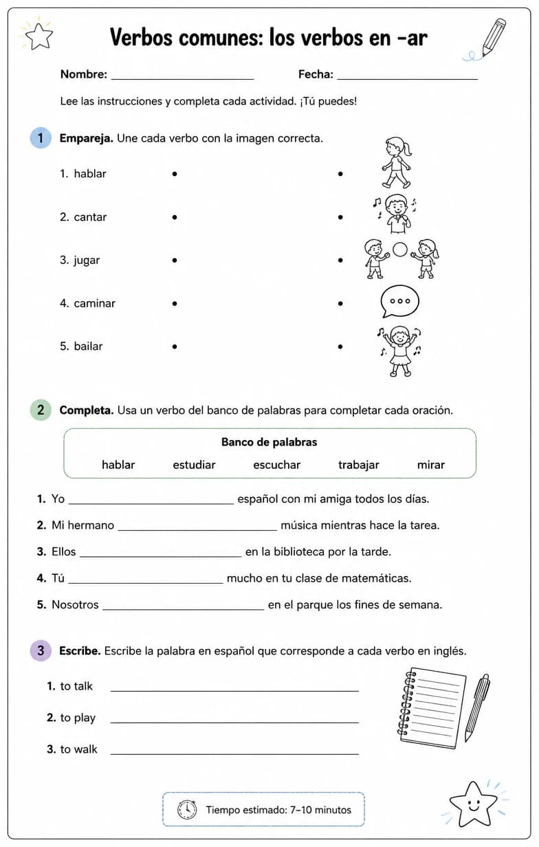 Reconocer palabras, frases o oraciones en español relacionadas con verbos regulares -ar.