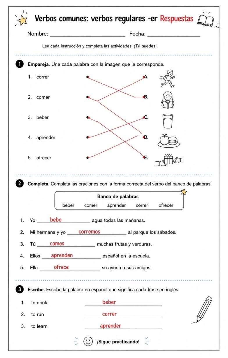 Answer key for Reconocer palabras, frases o oraciones en español relacionadas con verbos regulares -er. — free printable Spanish worksheet