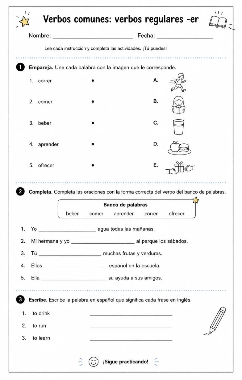 Reconocer palabras, frases o oraciones en español relacionadas con verbos regulares -er. — free printable Middle School Spanish worksheet