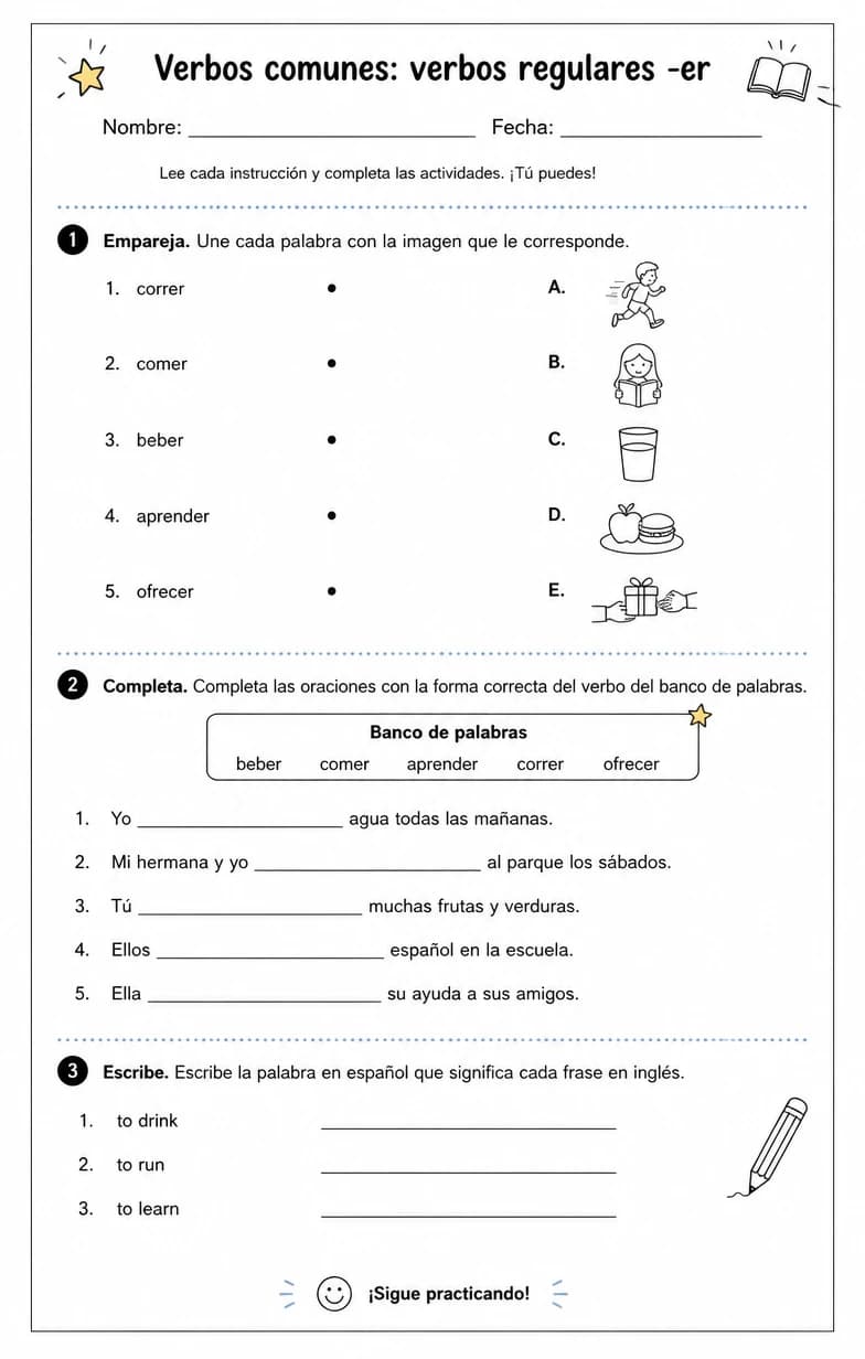Reconocer palabras, frases o oraciones en español relacionadas con verbos regulares -er.