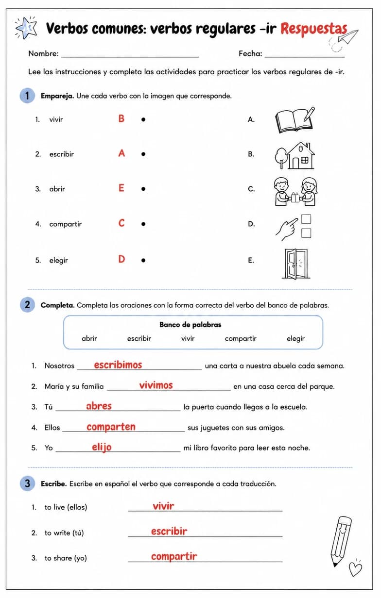 Answer key for Reconocer palabras, frases o oraciones en español relacionadas con verbos regulares -ir. — free printable Spanish worksheet