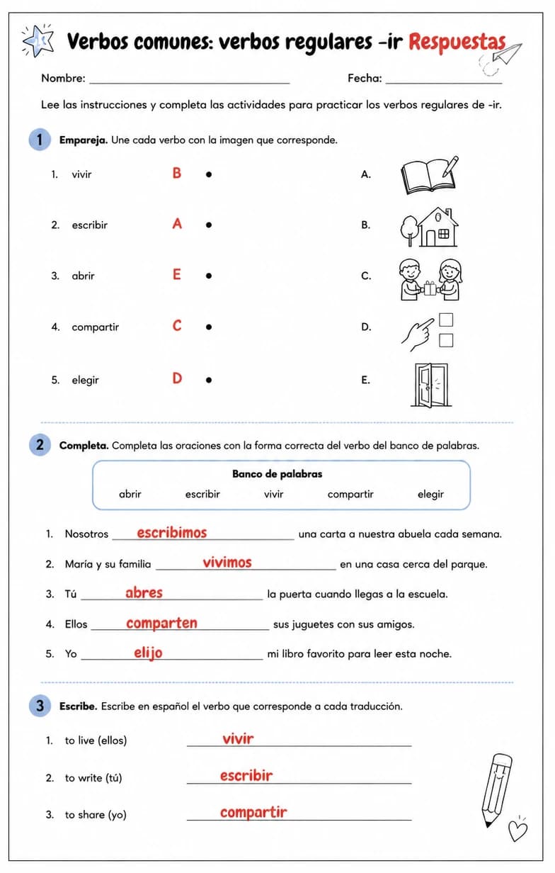 Answer key for Reconocer palabras, frases o oraciones en español relacionadas con verbos regulares -ir. — free printable Spanish worksheet