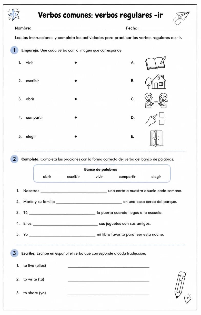 Reconocer palabras, frases o oraciones en español relacionadas con verbos regulares -ir. — free printable Middle School Spanish worksheet