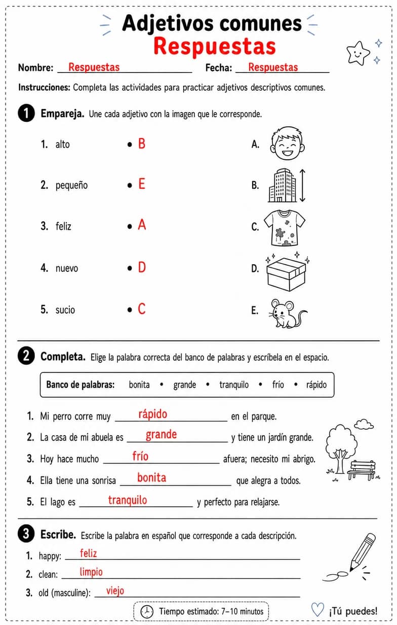 Answer key for Reconocer palabras, frases u oraciones en español relacionadas con adjetivos descriptivos comunes. — free printable Spanish worksheet