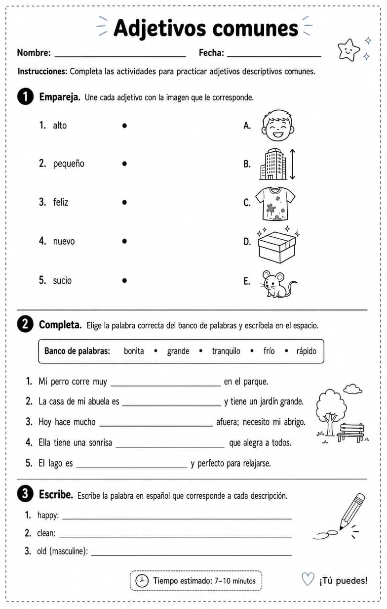 Reconocer palabras, frases u oraciones en español relacionadas con adjetivos descriptivos comunes. — free printable Middle School Spanish worksheet