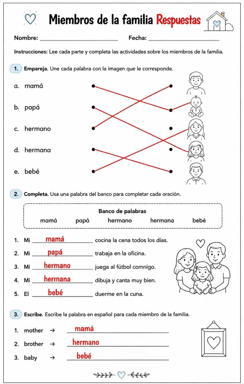 Answer key for Reconocer palabras, frases u oraciones en español relacionadas con la familia inmediata. — free printable Spanish worksheet