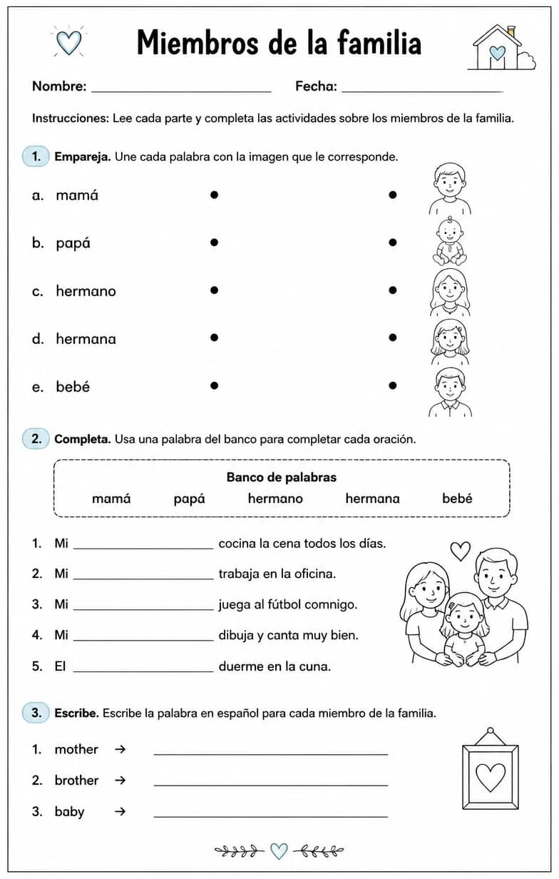 Reconocer palabras, frases u oraciones en español relacionadas con la familia inmediata. — free printable Middle School Spanish worksheet