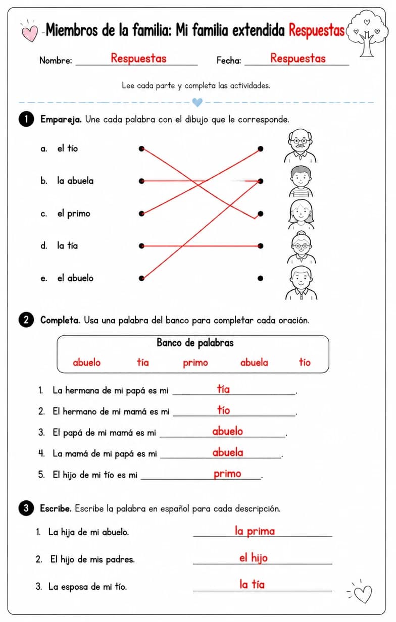 Answer key for Reconocer palabras, frases u oraciones en español relacionadas con la familia extendida. — free printable Spanish worksheet