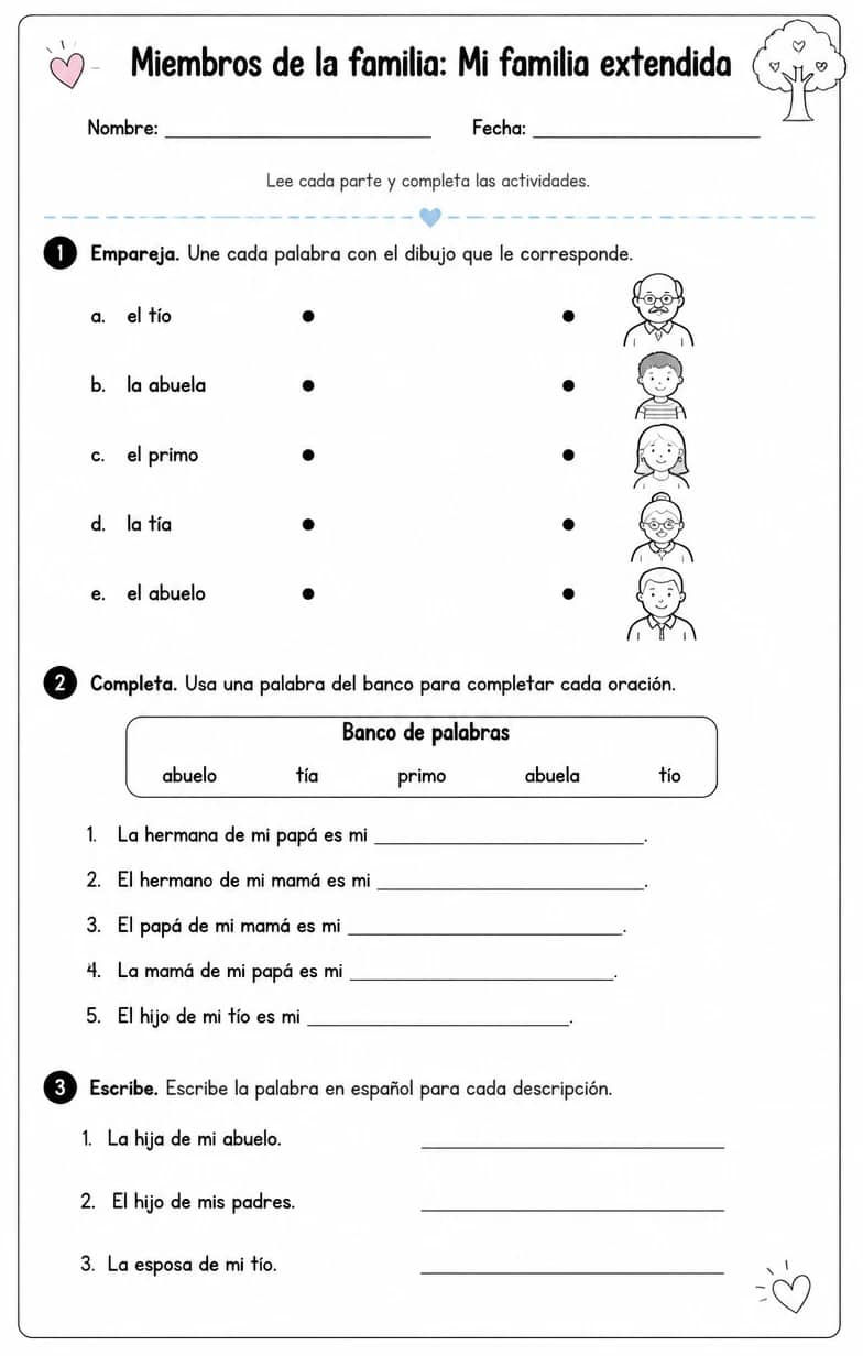 Reconocer palabras, frases u oraciones en español relacionadas con la familia extendida. — free printable Middle School Spanish worksheet