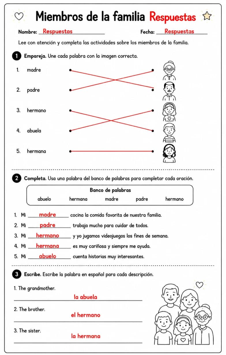 Answer key for Reconocer palabras, frases u oraciones en español relacionadas con descripciones familiares. — free printable Spanish worksheet