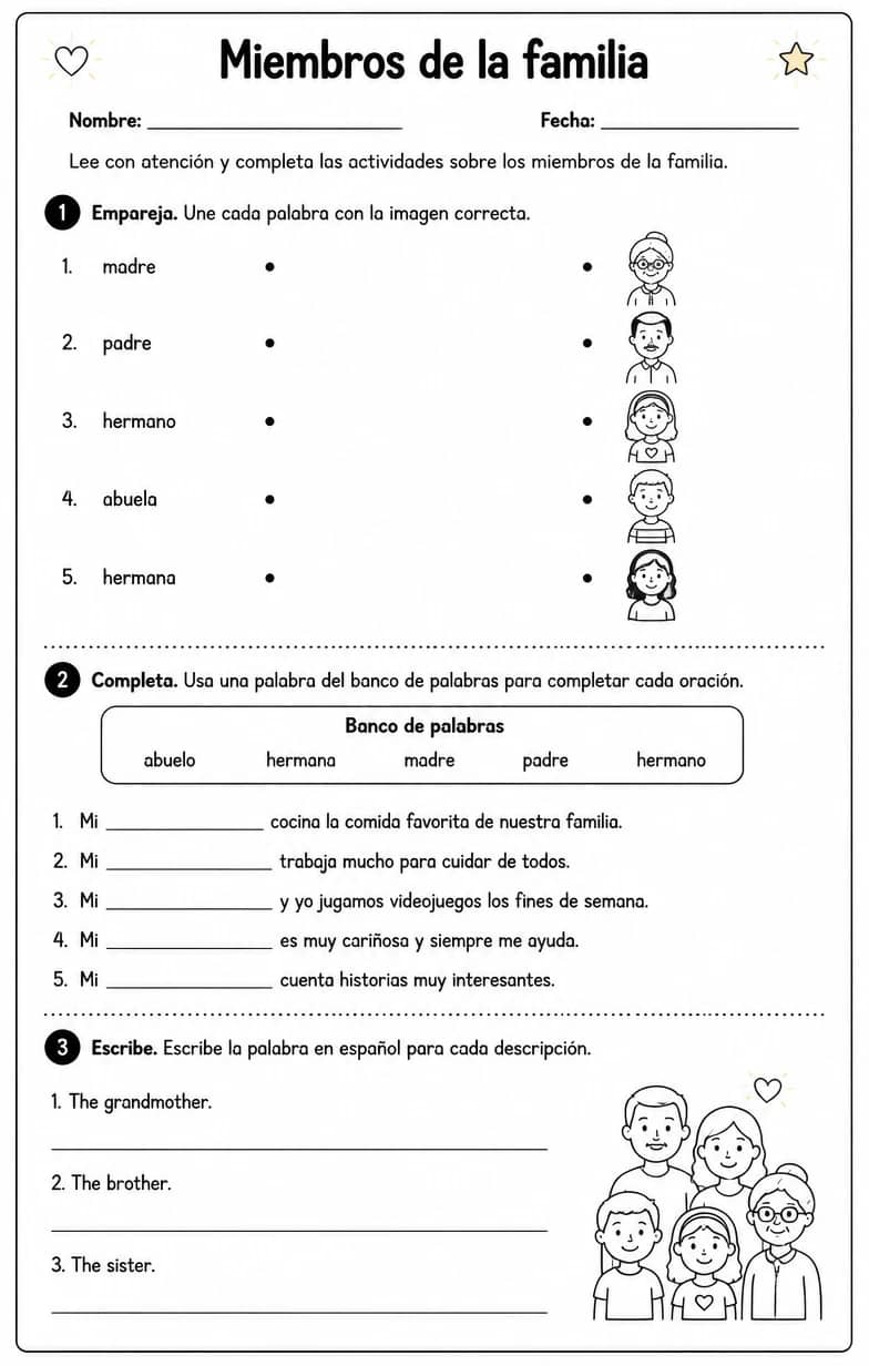 Reconocer palabras, frases u oraciones en español relacionadas con descripciones familiares. — free printable Middle School Spanish worksheet