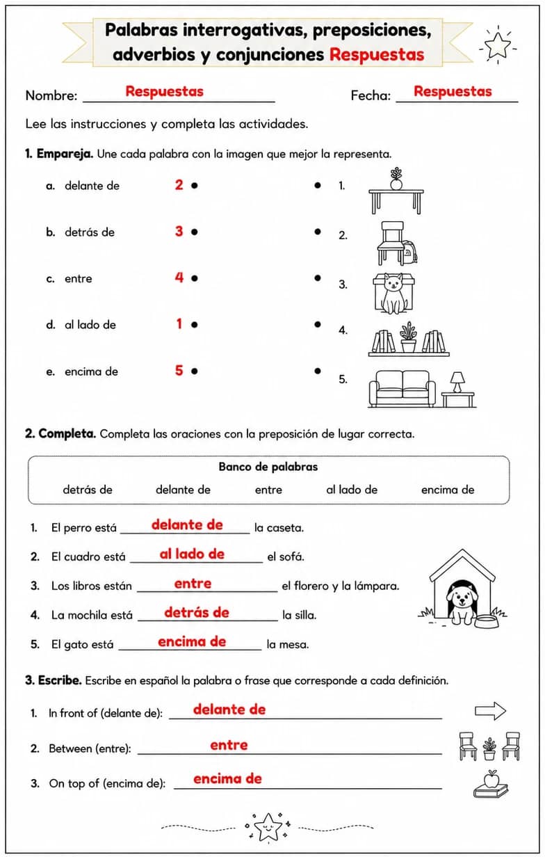 Answer key for Reconocer palabras, frases u oraciones en español relacionadas con preposiciones de lugar. — free printable Spanish worksheet
