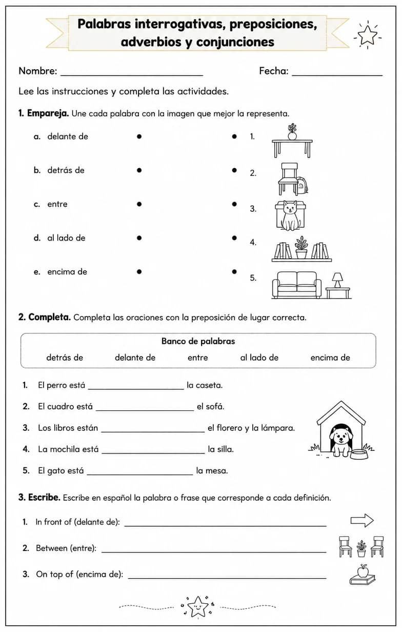 Reconocer palabras, frases u oraciones en español relacionadas con preposiciones de lugar. — free printable Middle School Spanish worksheet