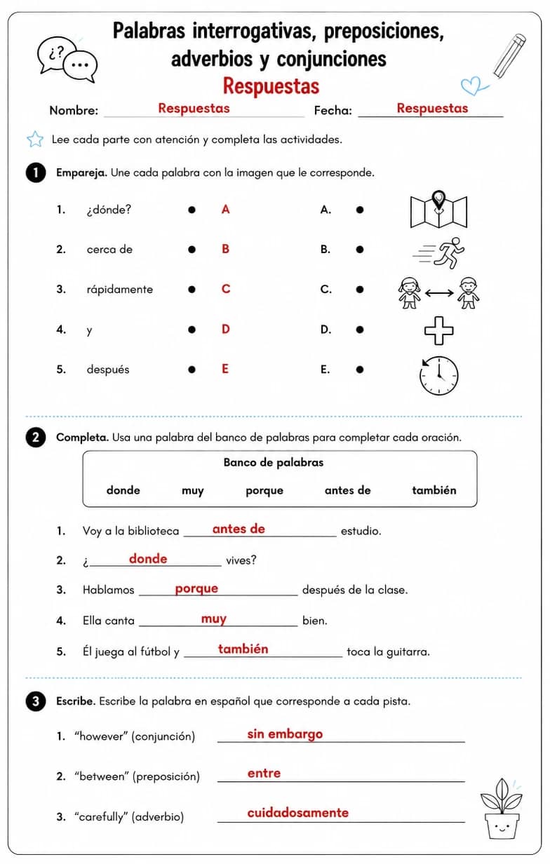 Answer key for Reconocer palabras, frases u oraciones en español relacionadas con adverbios. — free printable Spanish worksheet
