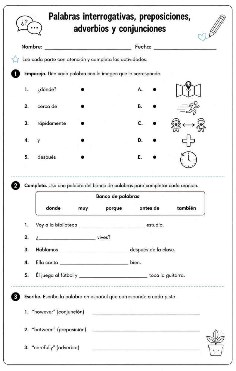 Reconocer palabras, frases u oraciones en español relacionadas con adverbios. — free printable Middle School Spanish worksheet