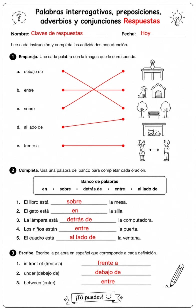 Answer key for Reconocer palabras, frases u oraciones en español relacionadas con preposiciones comunes. — free printable Spanish worksheet