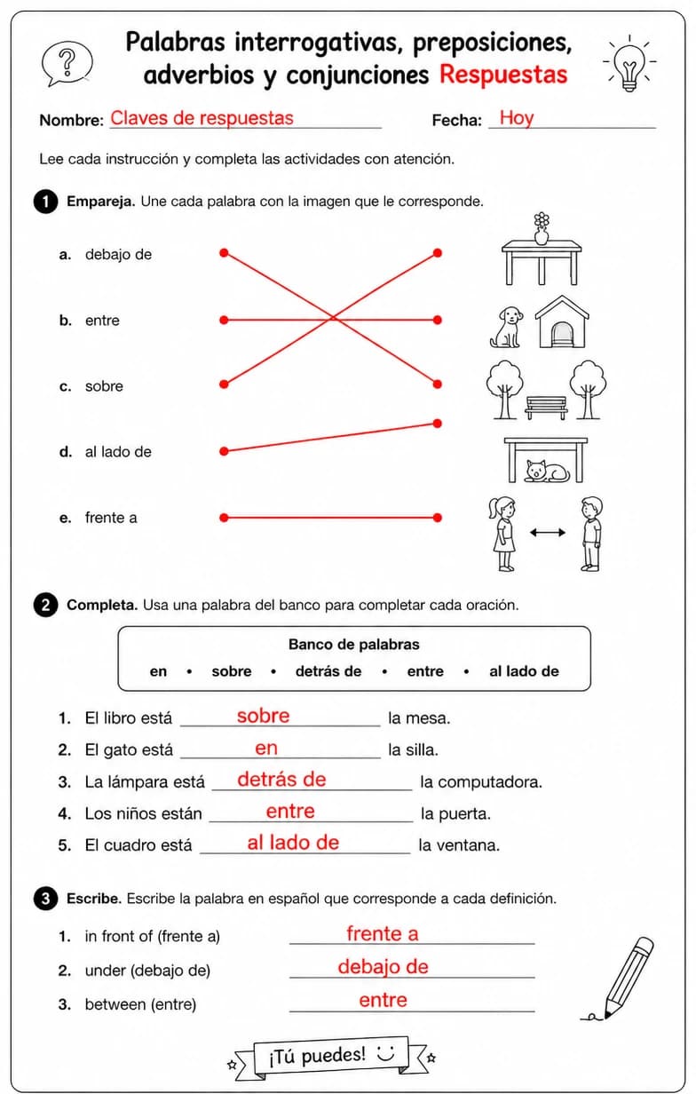 Answer key for Reconocer palabras, frases u oraciones en español relacionadas con preposiciones comunes. — free printable Spanish worksheet