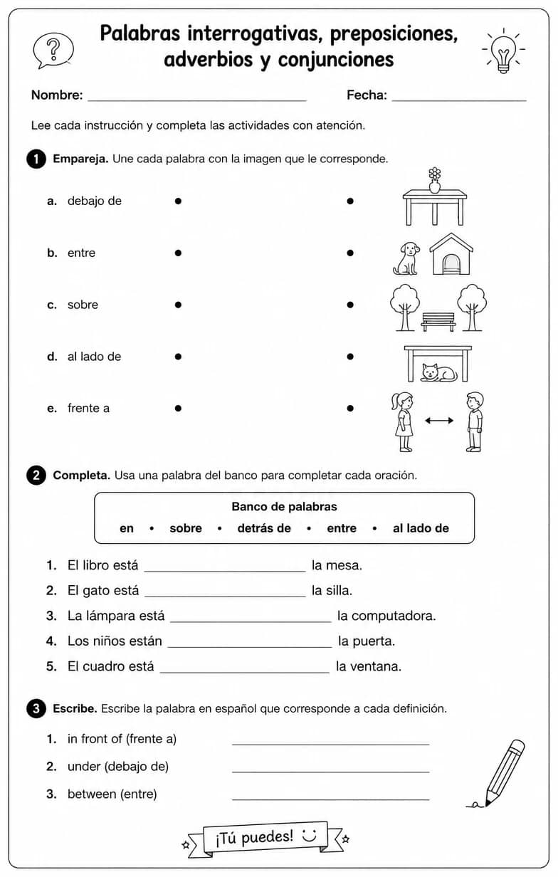 Reconocer palabras, frases u oraciones en español relacionadas con preposiciones comunes. — free printable Middle School Spanish worksheet